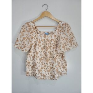 Draper James Womens Small Embroidered Floral Square Neck Smocked Puff Sleeve Top